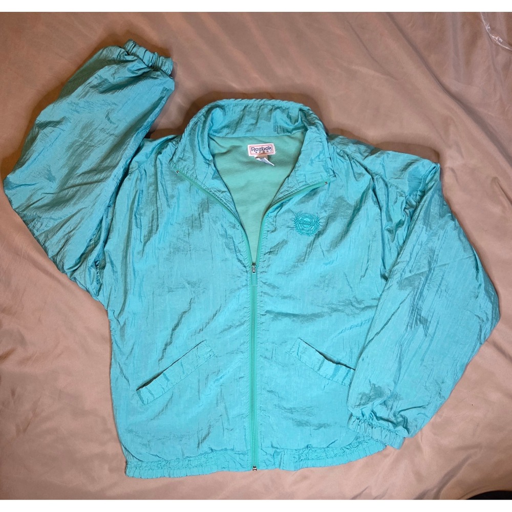 Vintage Reebok Sport Turquoise Crinkle Nylon Windbreaker Jacket Womens Small
